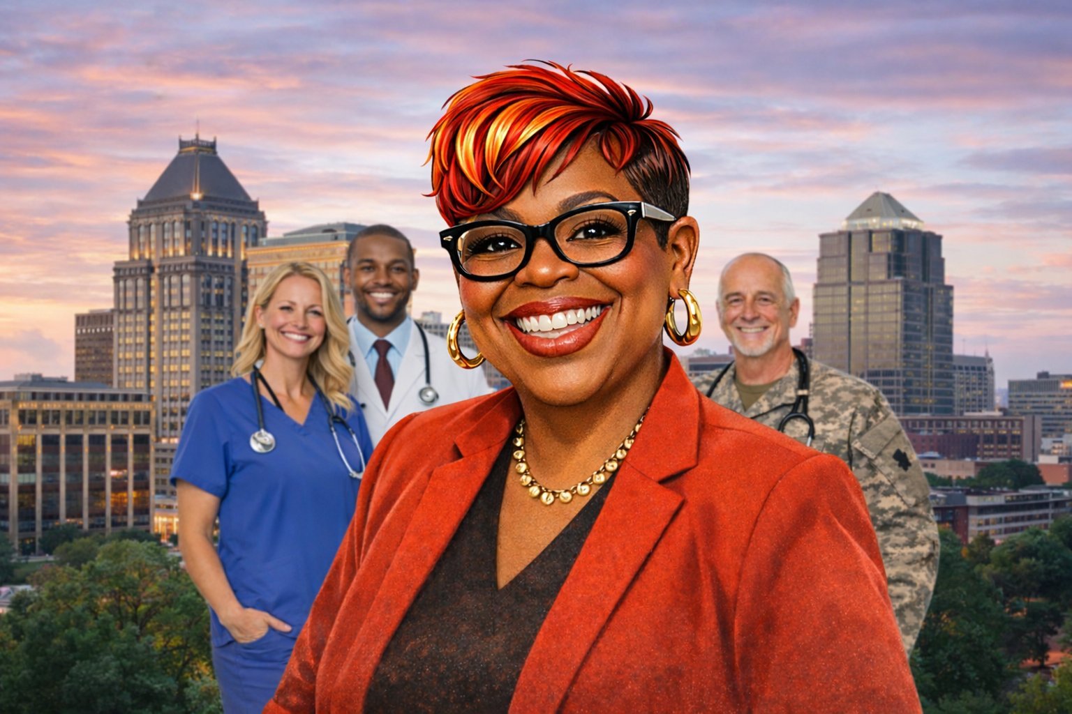 Woman with red hair and glasses smiling in red blazer with diverse professionals and city skyline background